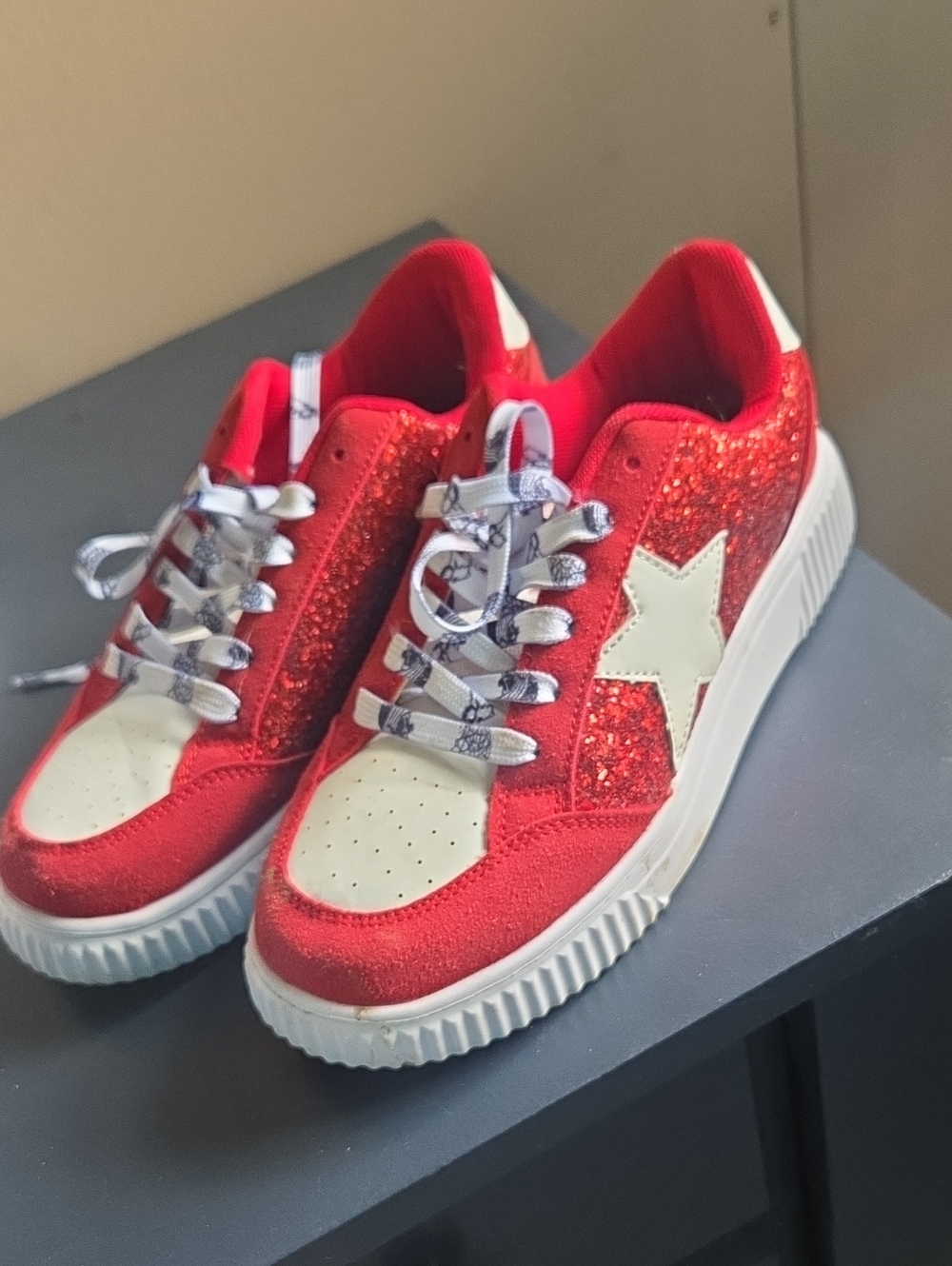Kids Red Glitter Star Sneakers - Casual Fashion Shoes